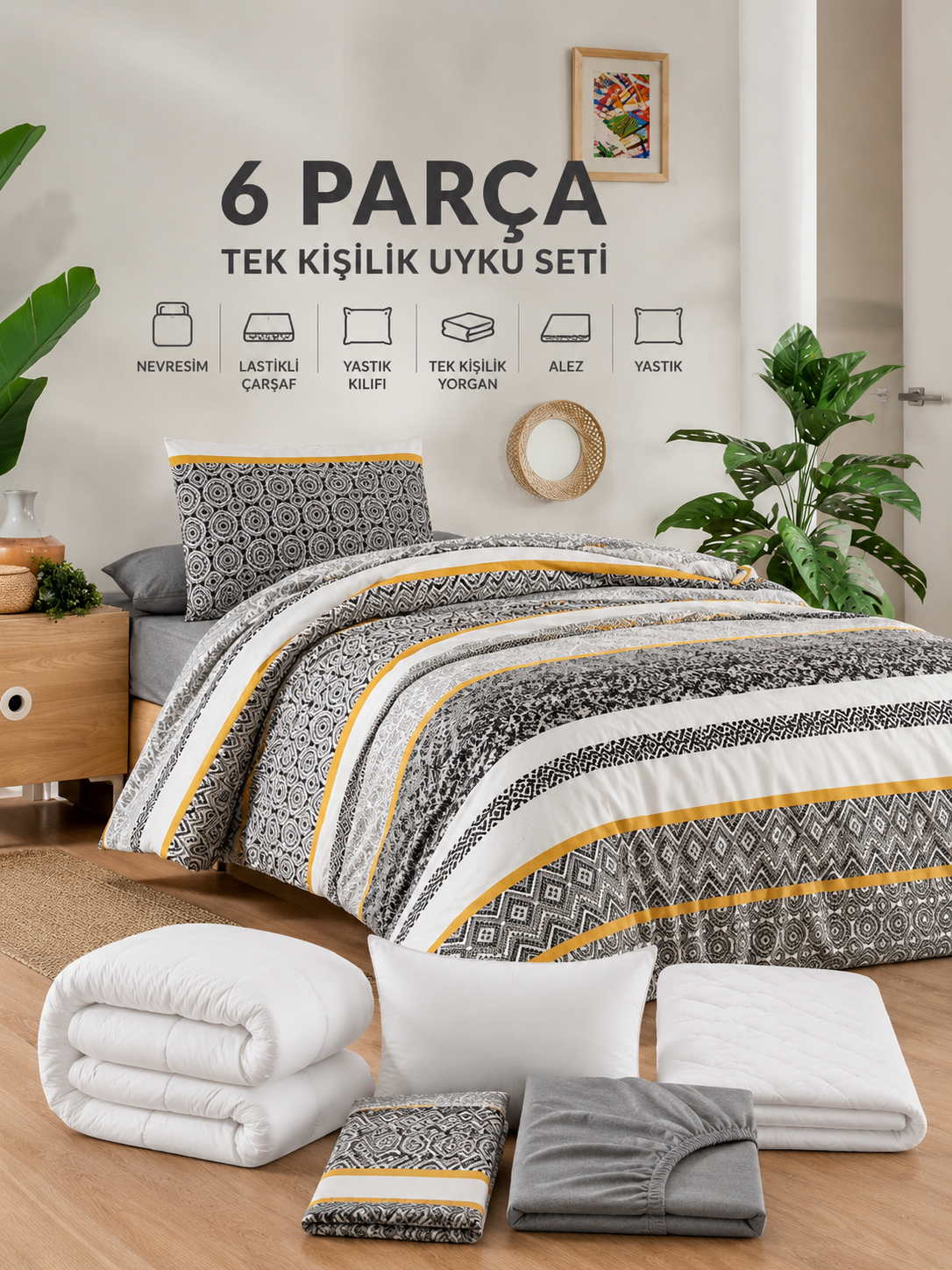 6 Parça Tek Kişilik Uyku Seti |Sarı Çizgi