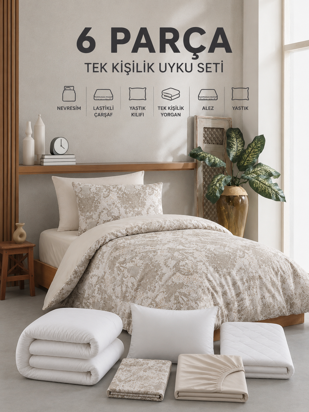 6 Parça Tek Kişilik Uyku Seti |Bej Desen