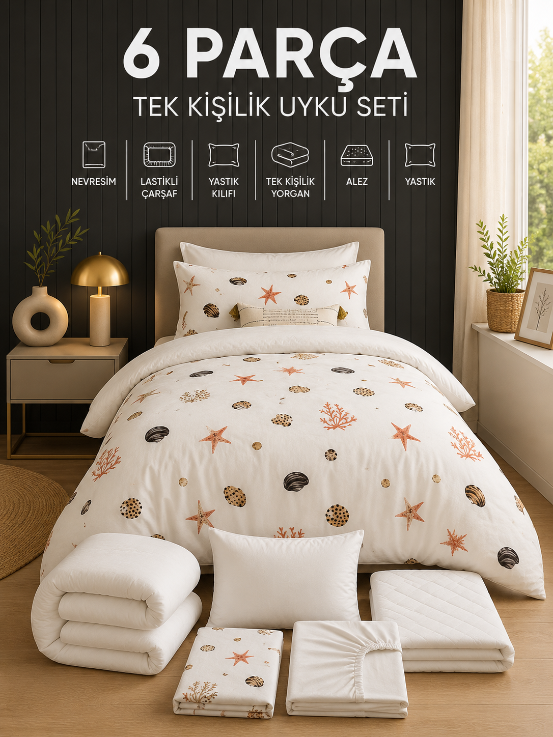 6 Parça Tek Kişilik Uyku Seti | Kumsal