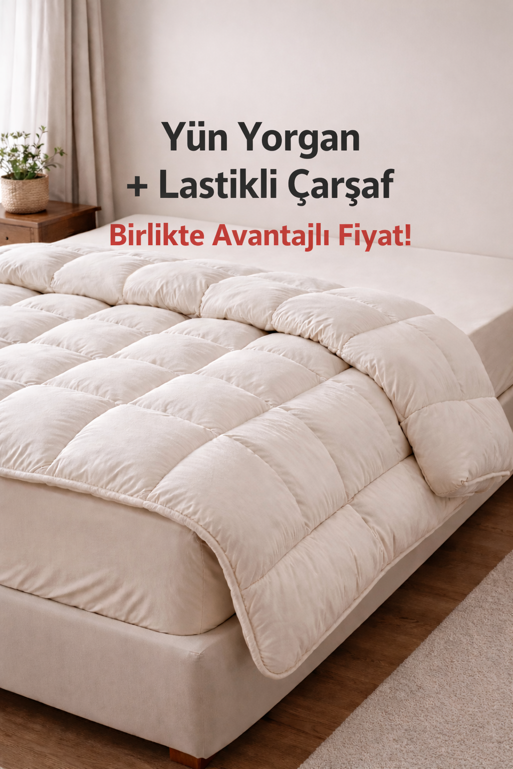 Yün Yorgan + Lastikli Çarşaf Krem Renk